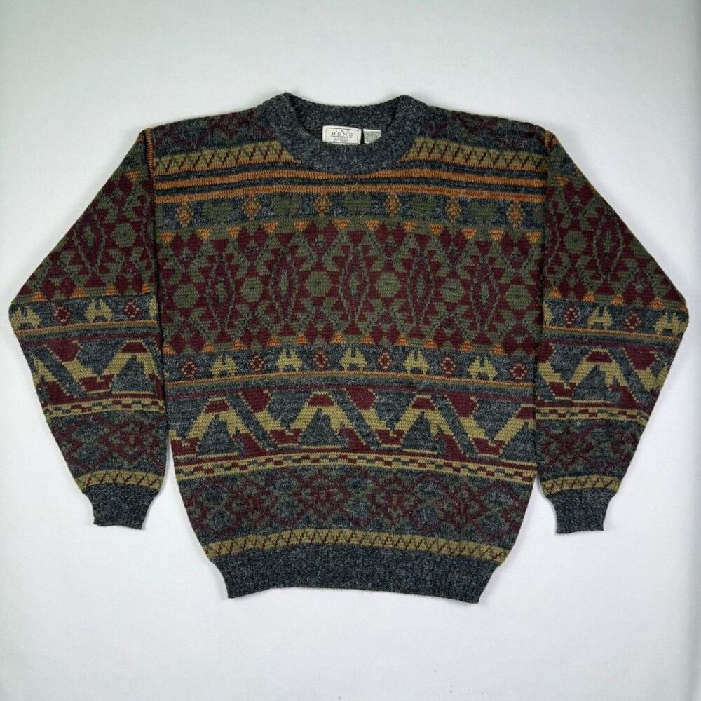 Vintage Sears The Mens Store Grandpa Sweater Colorful Geometric Knit Large